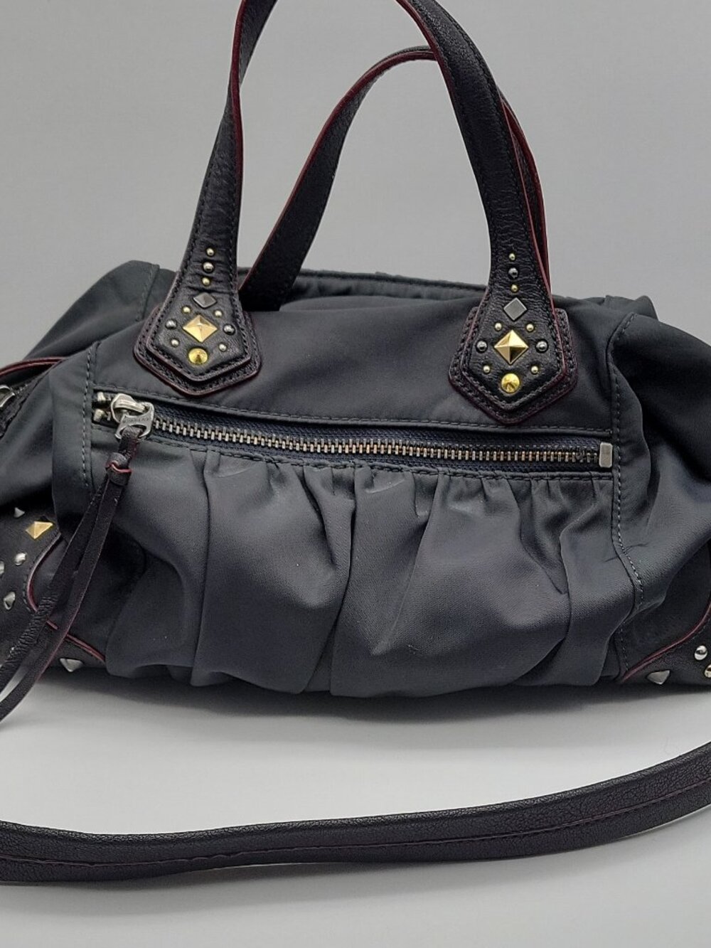 MZ Wallace black studded satchel top handle bag, zip, detachable crossbody strap